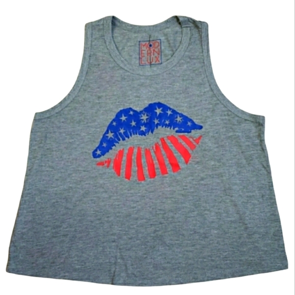 Modern Lux Tops - Modern Lux Patriotic Kiss Crop Top Shirt Size XL Juniors NWOT Gray Red Lips